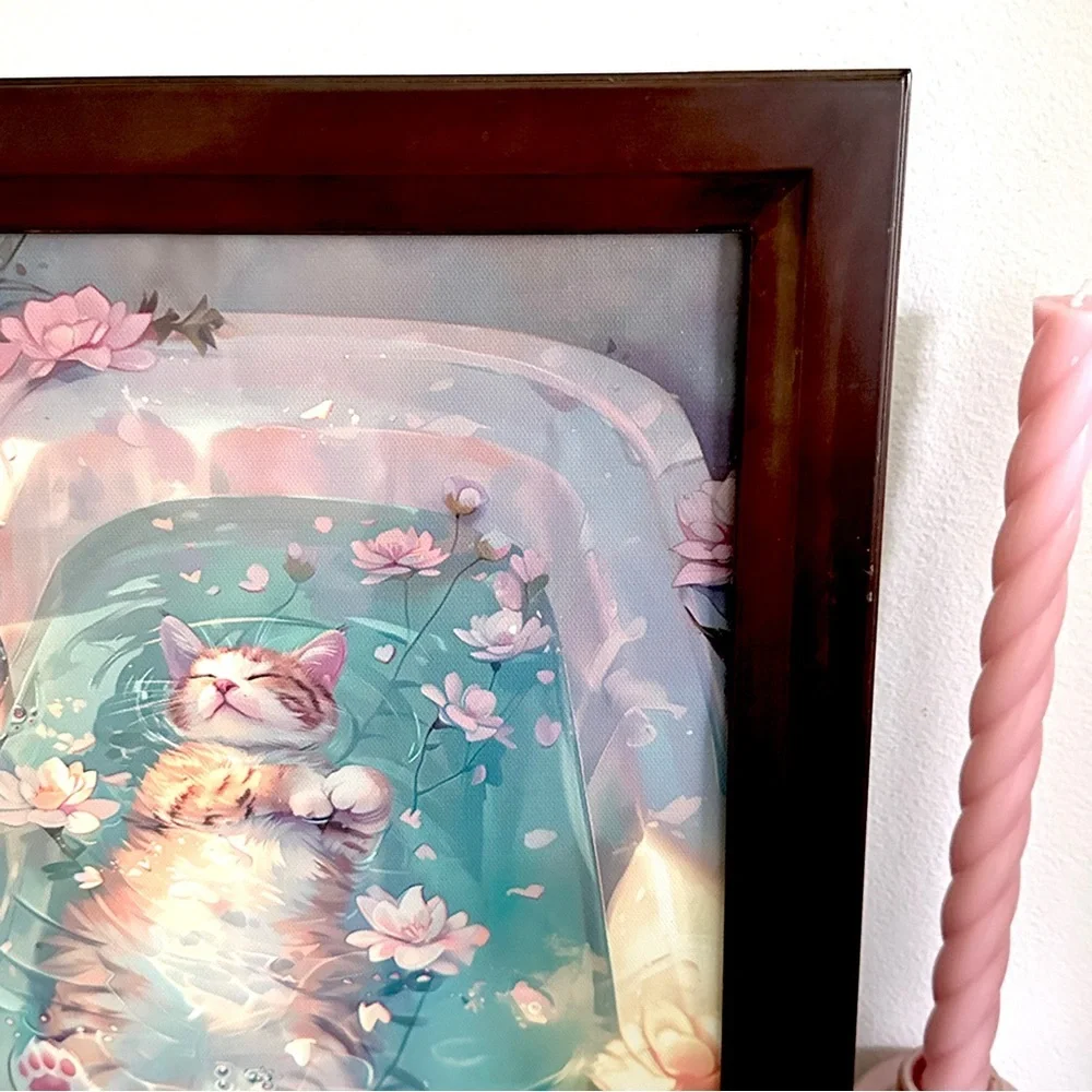 Cat Relaxing in the Bath Tub Pink Floral Canvas Art Print Framed Bathroom Art